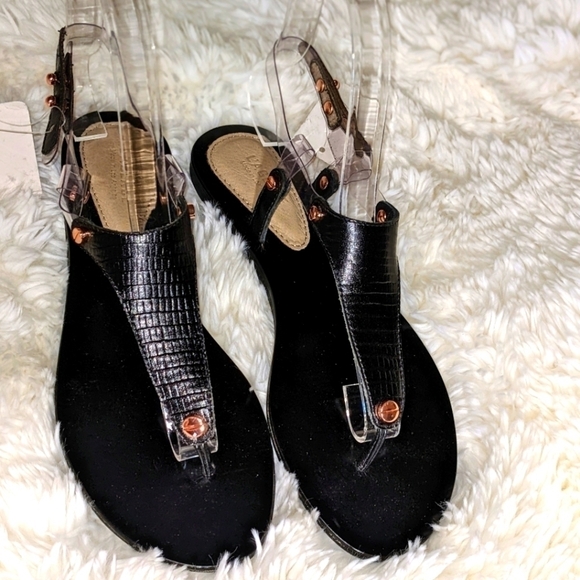 L'AGENCE Shoes - L'Agence Flat T-Strap Black Slingback Black Alligator Sandals